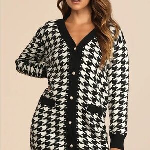 Truly Iconic Black and White Houndstooth Cardigan Sweater Dress
